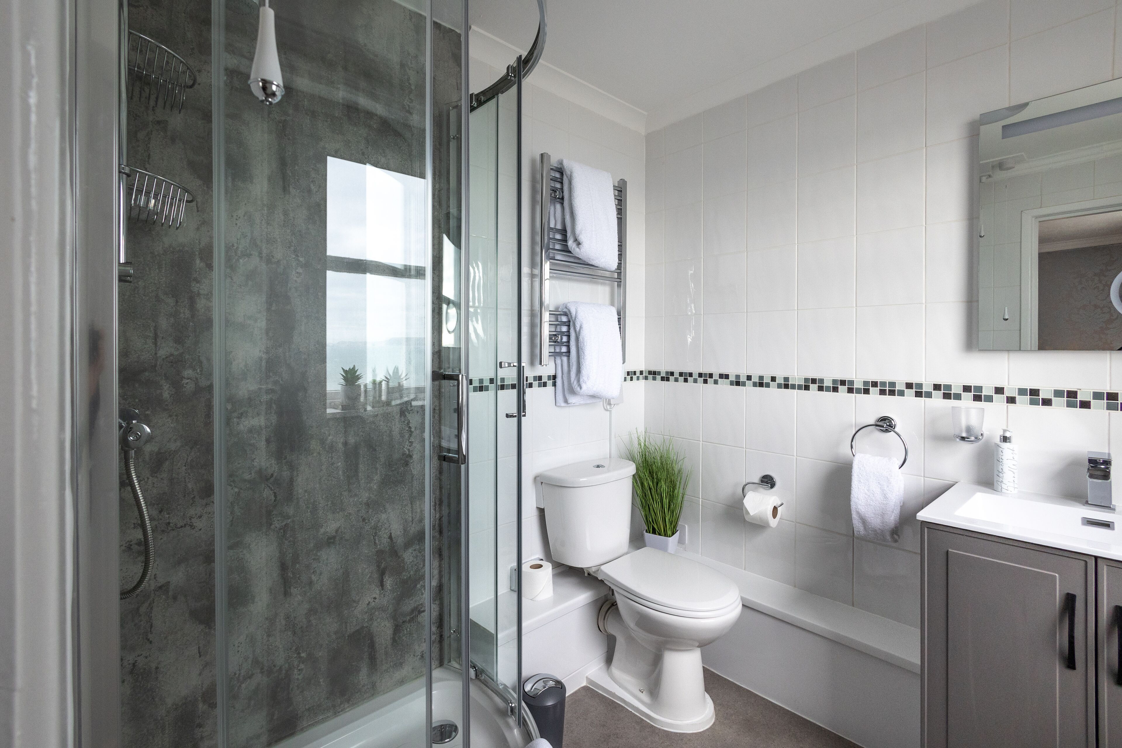 A modern bathroom with a glass-enclosed shower, a toilet, a sink, and a mirror.