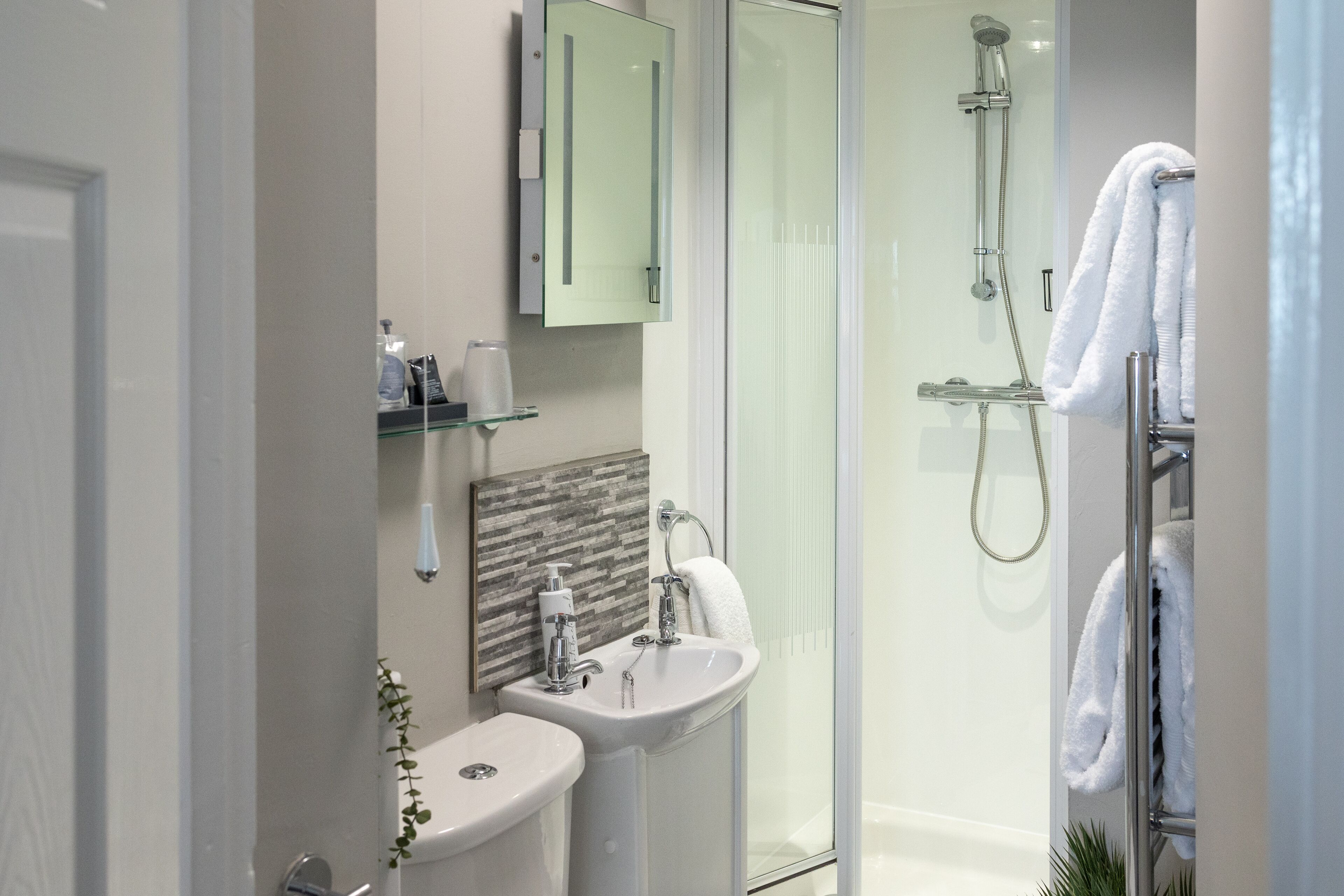 A modern bathroom with a glass shower enclosure, a sink, and a mirror.