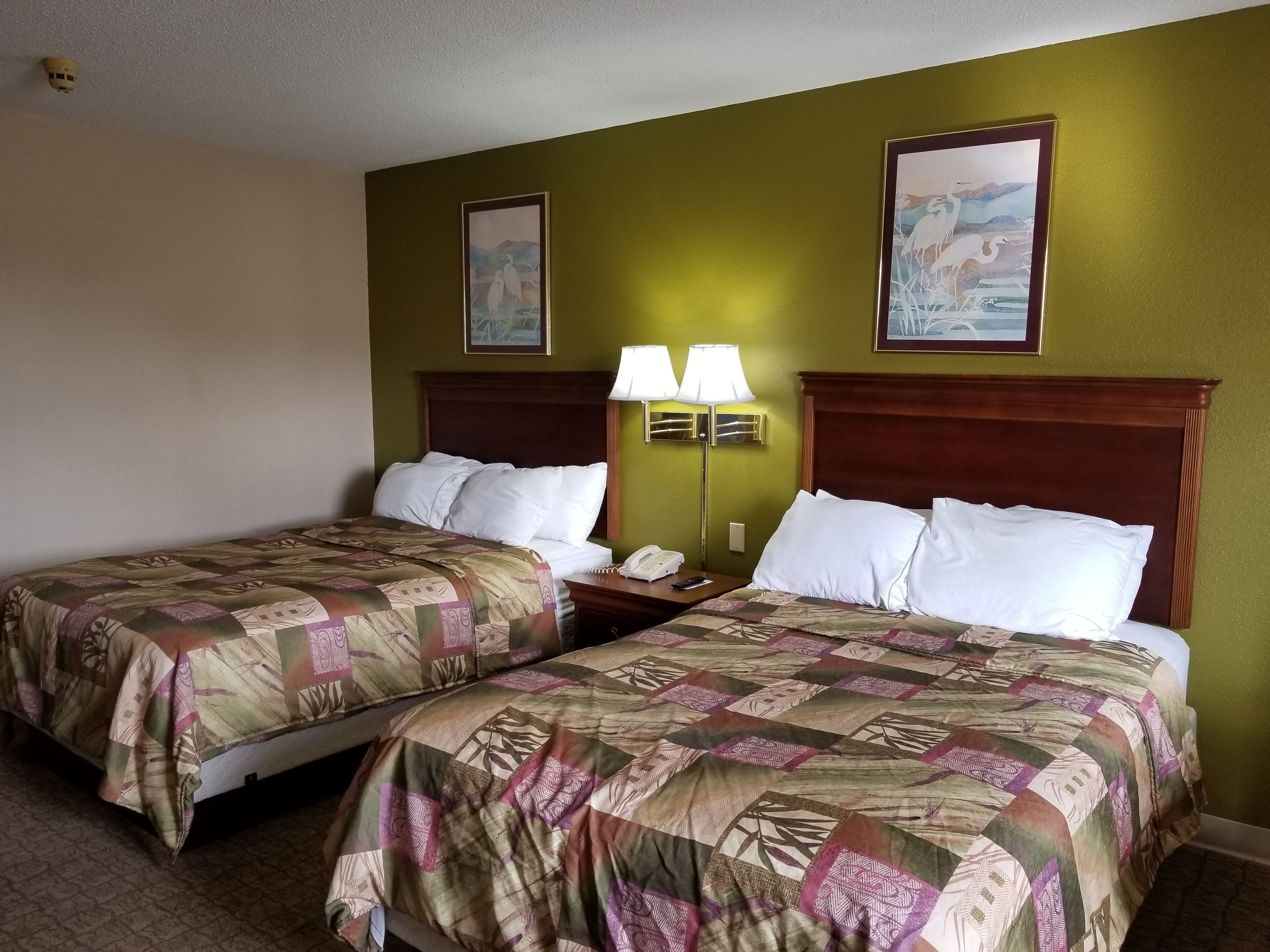 A hotel room with two beds, green walls, and two framed pictures.