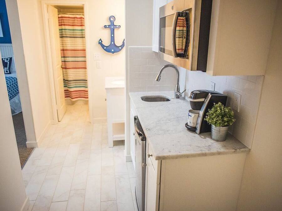 A narrow kitchen with a sink, a stove, and a countertop with a potted plant.