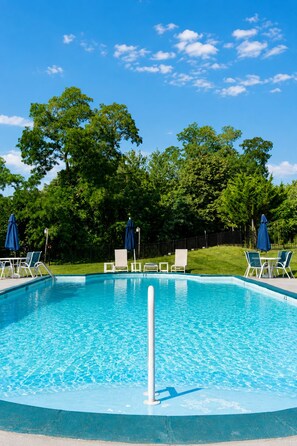 A clear blue swimming pool with lounge chairs and umbrellas, surrounded by trees.