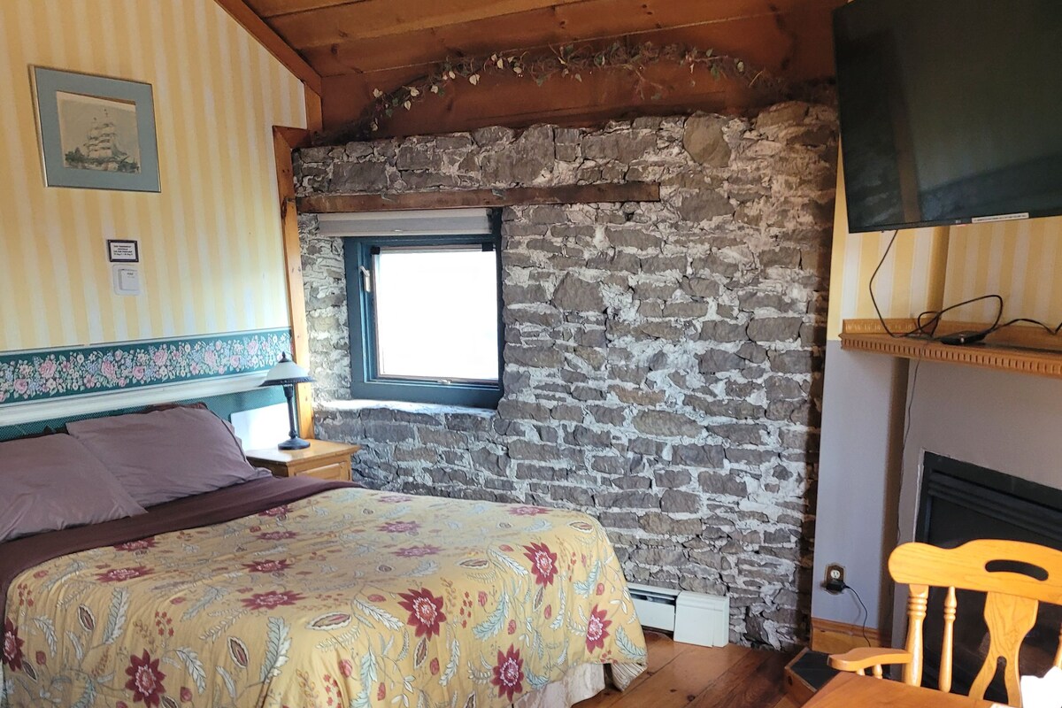 Una habitación acogedora con cama, una mesa de madera, una silla, un televisor y una pared de piedra.