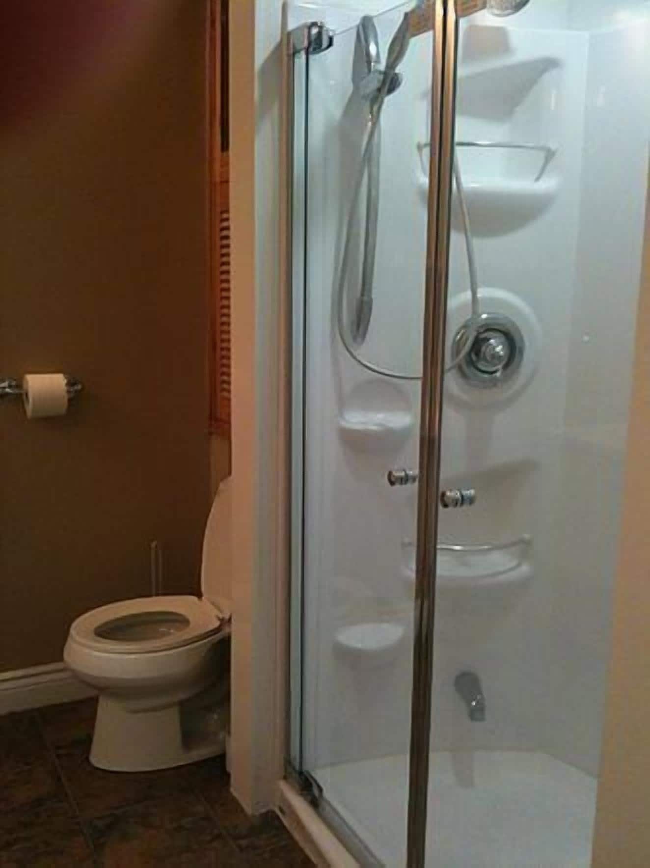 A bathroom with a toilet, a glass-enclosed shower stall, and a toilet paper holder on the wall.