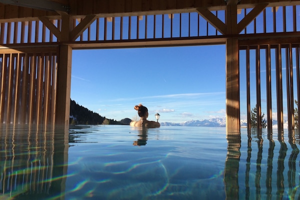 Indoor pool, pool umbrellas, sun loungers
