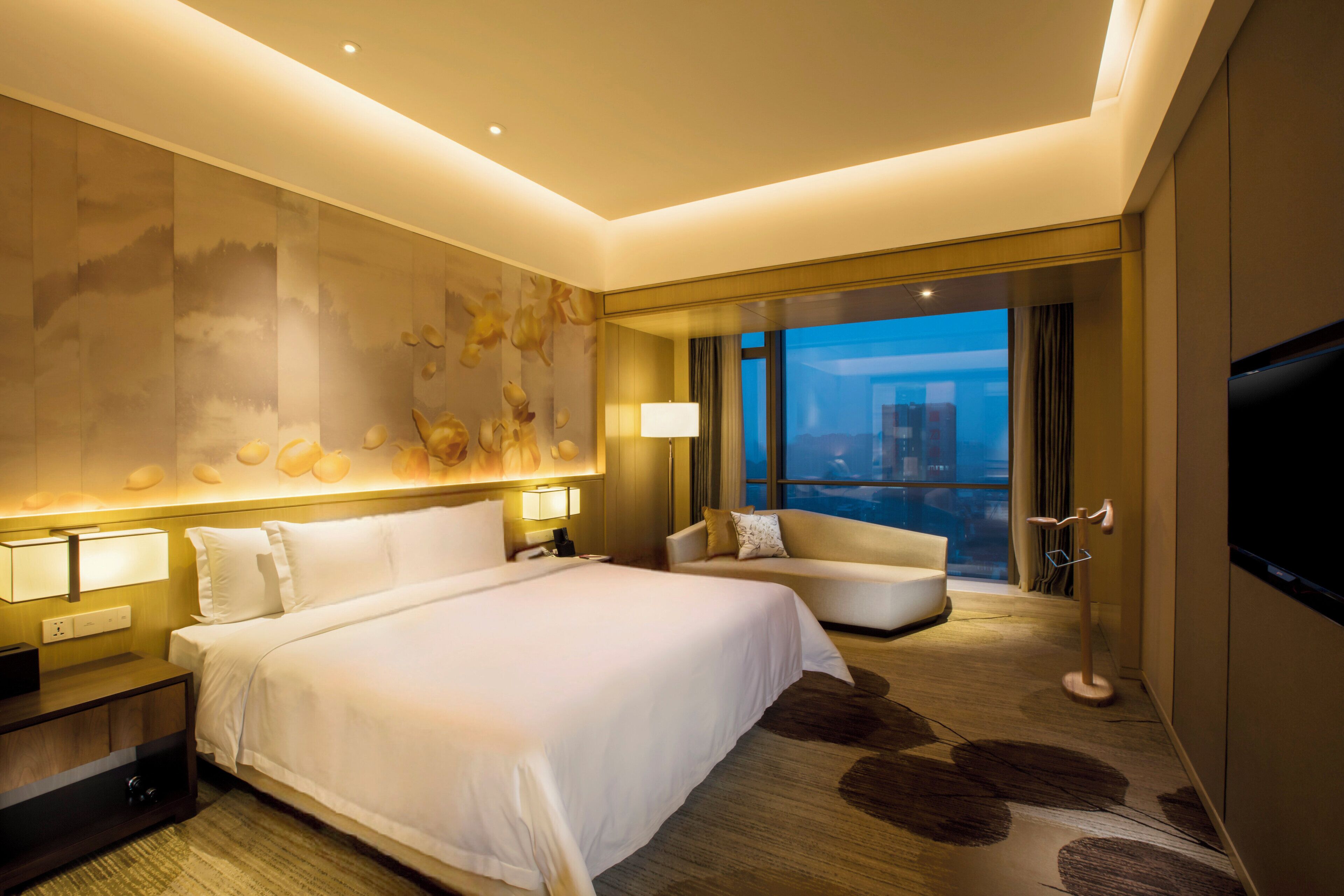 A hotel room with a large bed, a sofa, a TV, and a city view.