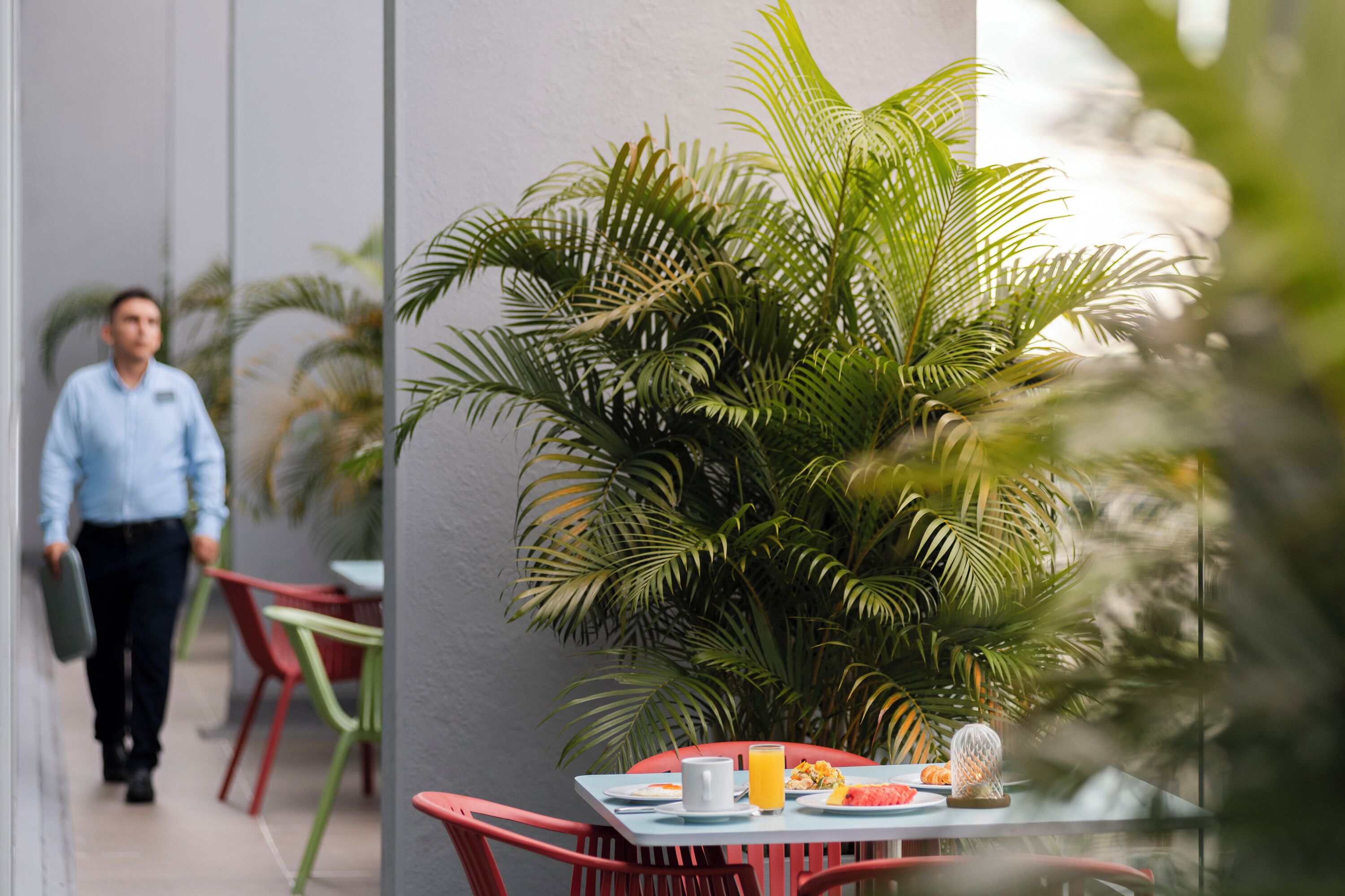 A dining area with a table set for two, surrounded by red chairs, a potted plant, and a glass of orange juice.