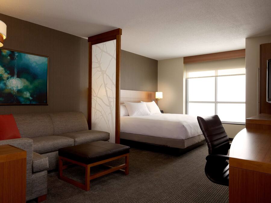Een hotelkamer met een bed, een slaapbank, een bureau, een stoel, een televisie en een raam.