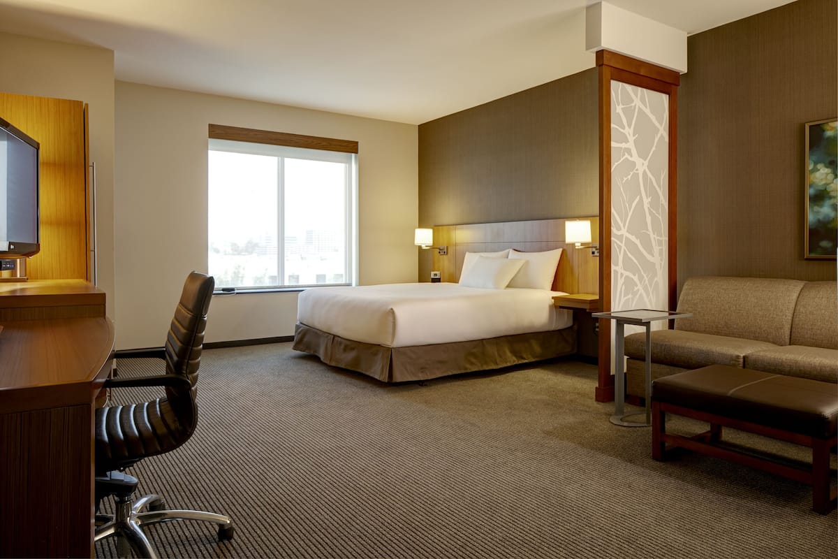 A hotel room with a bed, a desk, a chair, a sofa, and a window with a city view.