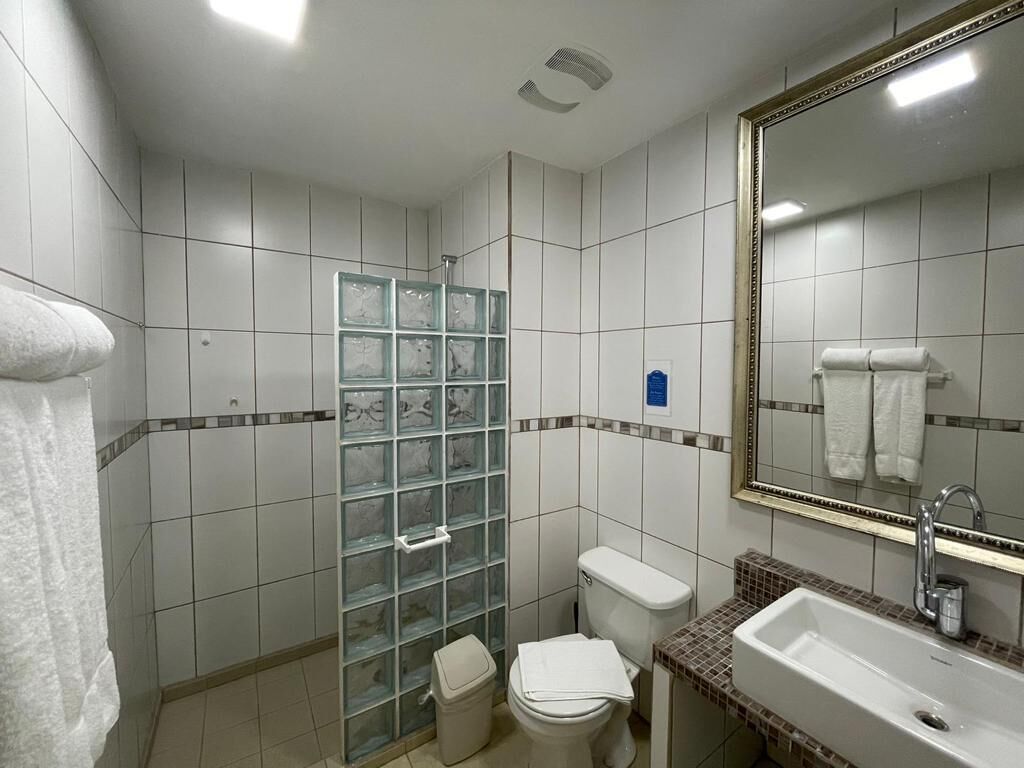 Casa de banho com paredes revestidas de azulejos brancos, cabine de duche em vidro, sanita, lavatório e espelho.