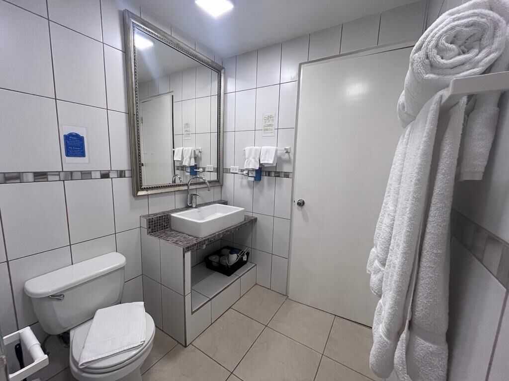 Een moderne badkamer met toilet, wastafel en spiegel. Handdoeken hangen op een rek en er is een douchegordijn.