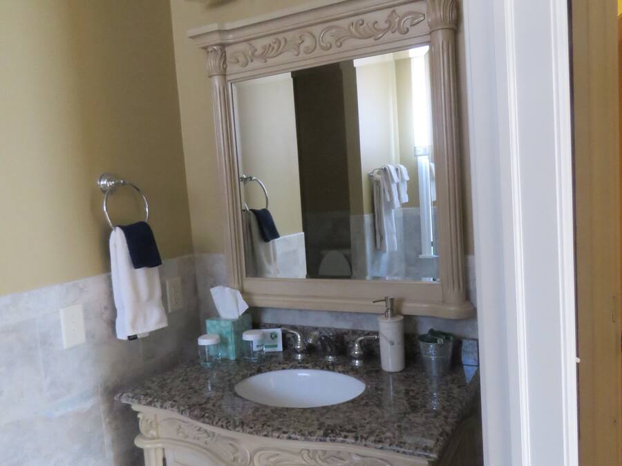 A bathroom with a marble sink, a large mirror, and a towel rack.