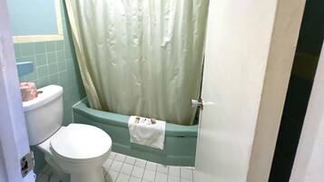 Un baño con inodoro, bañera y cortina de ducha.