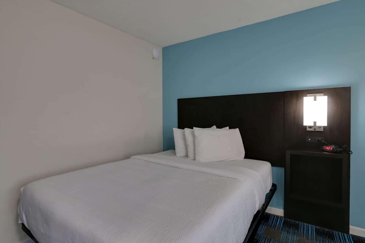 Una habitación de hotel con una cama individual, una mesita de noche con lámpara y una pared azul decorativa.