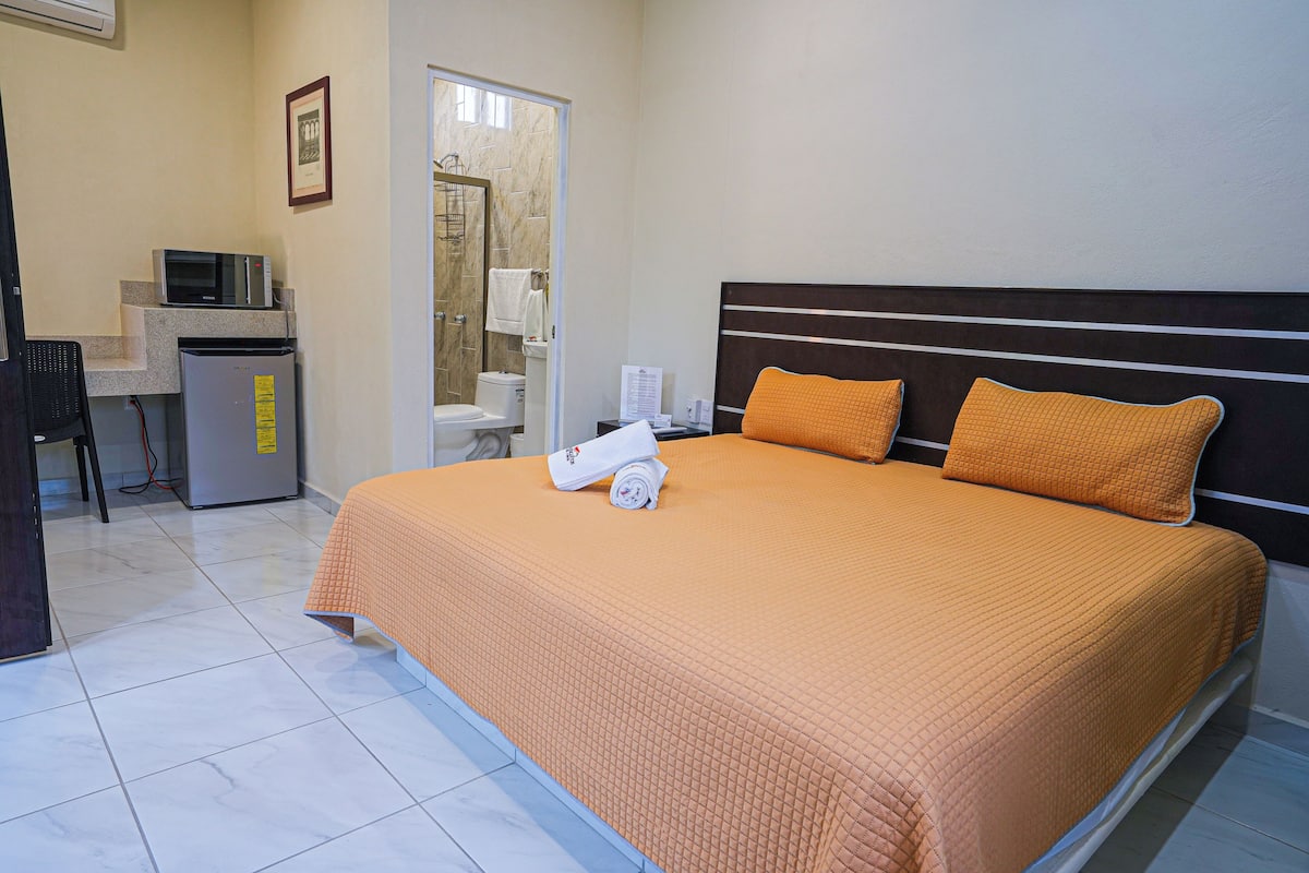 Habitación de hotel con una cama, un escritorio con microondas, un refrigerador y zona de ducha.