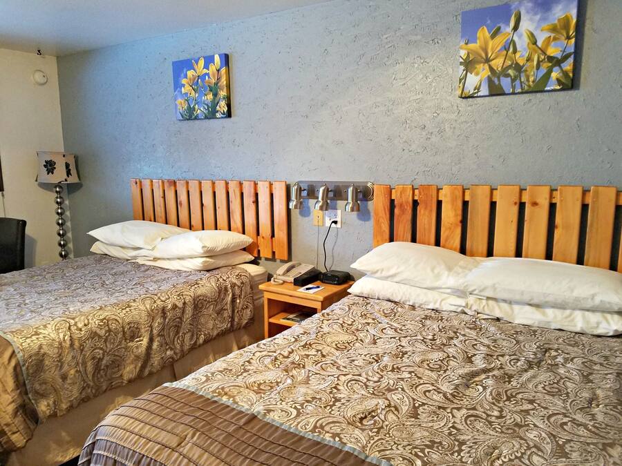 Camera d'albergo con due letti, una testiera in legno, un comodino con telefono e lampada, e due opere d'arte floreali a parete.