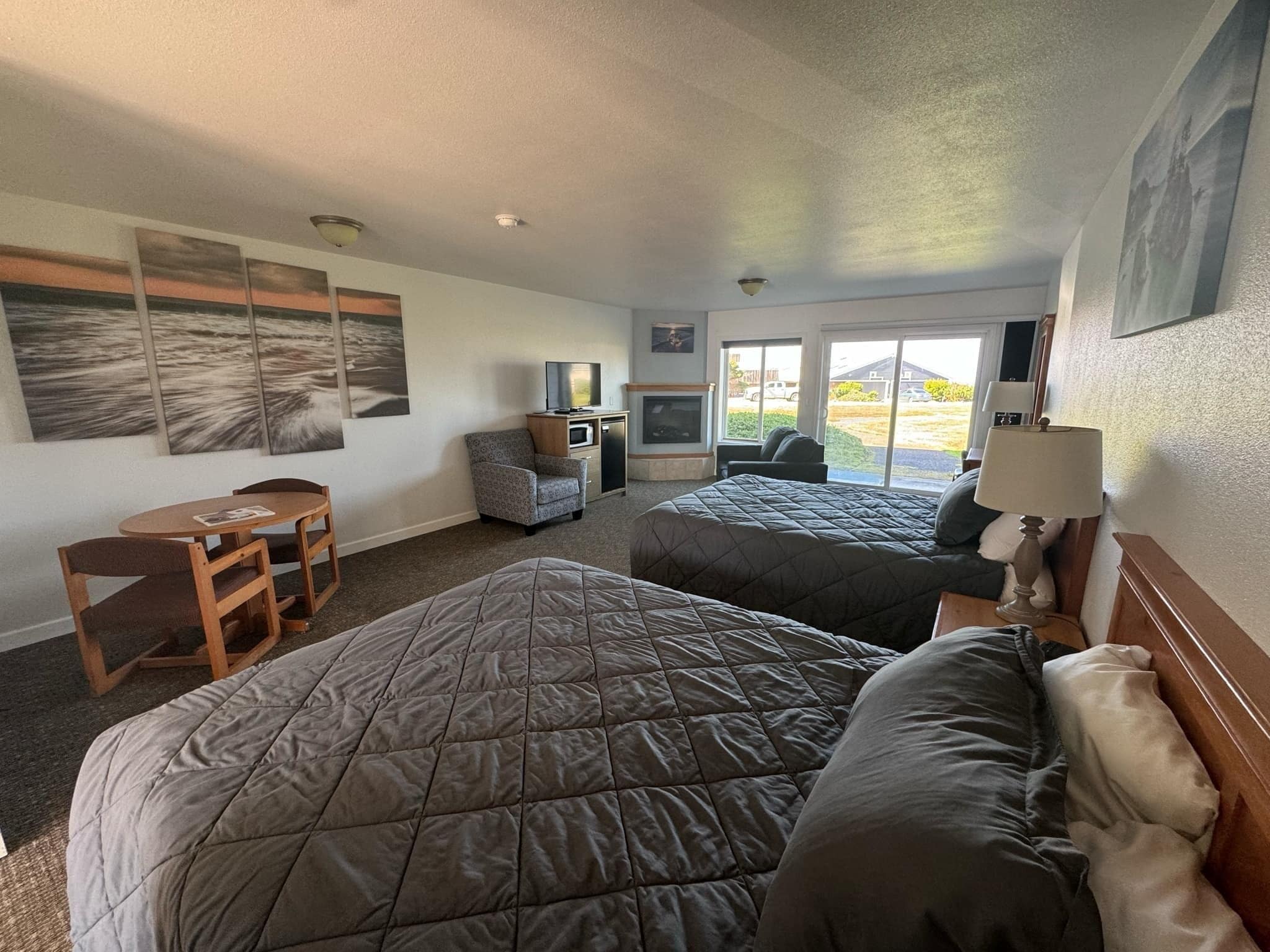 standard studio, 2 queen beds, patio, partial ocean view | floor plan