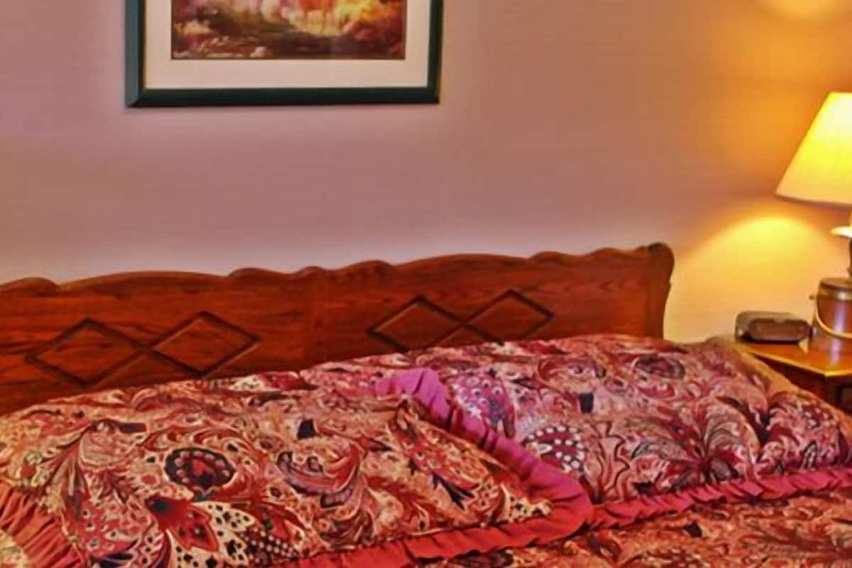 Una cama bien tendida con una colcha estampada, dos lámparas de noche, un cuadro enmarcado en la pared y una mesita de madera con un control remoto.