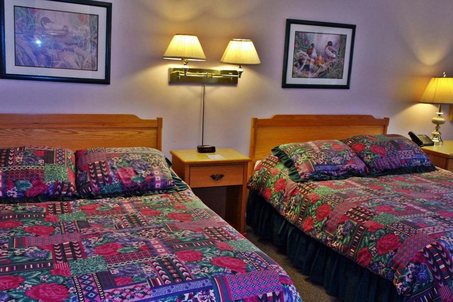 Una habitación de hotel con dos camas, cada una con un edredón colorido, una mesita de noche con lámpara y cuadros en las paredes.