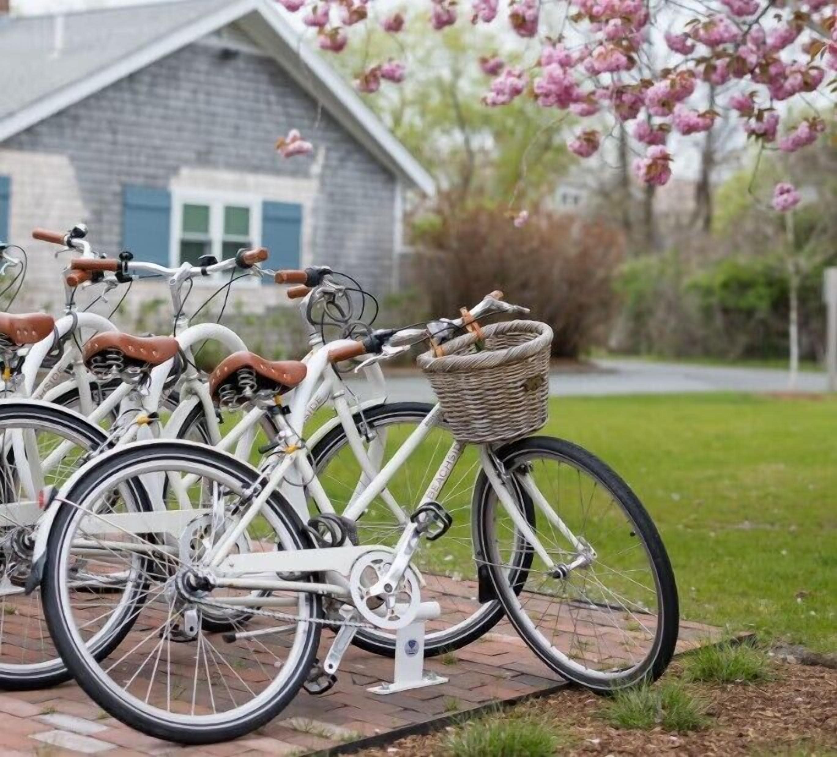 A row of bicycles parked on a brick pathway with a basket attached to one of them.