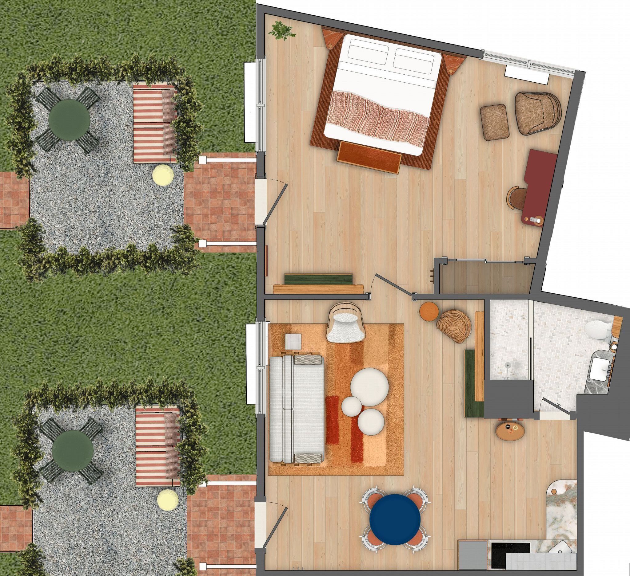 Un plan d’étage d’une chambre d’hôtel comprenant un lit, un coin salon avec une table et des chaises, une petite cuisine et une salle de bain.