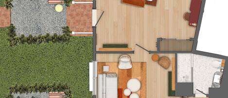 A floor plan of a hotel room with a bed, a seating area with a table and chairs, a small kitchen, and a bathroom.