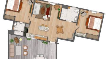 Un plan d’étage d’une chambre d’hôtel comprenant un lit, un coin salon avec une table et des chaises, un petit coin cuisine et une salle de bain.