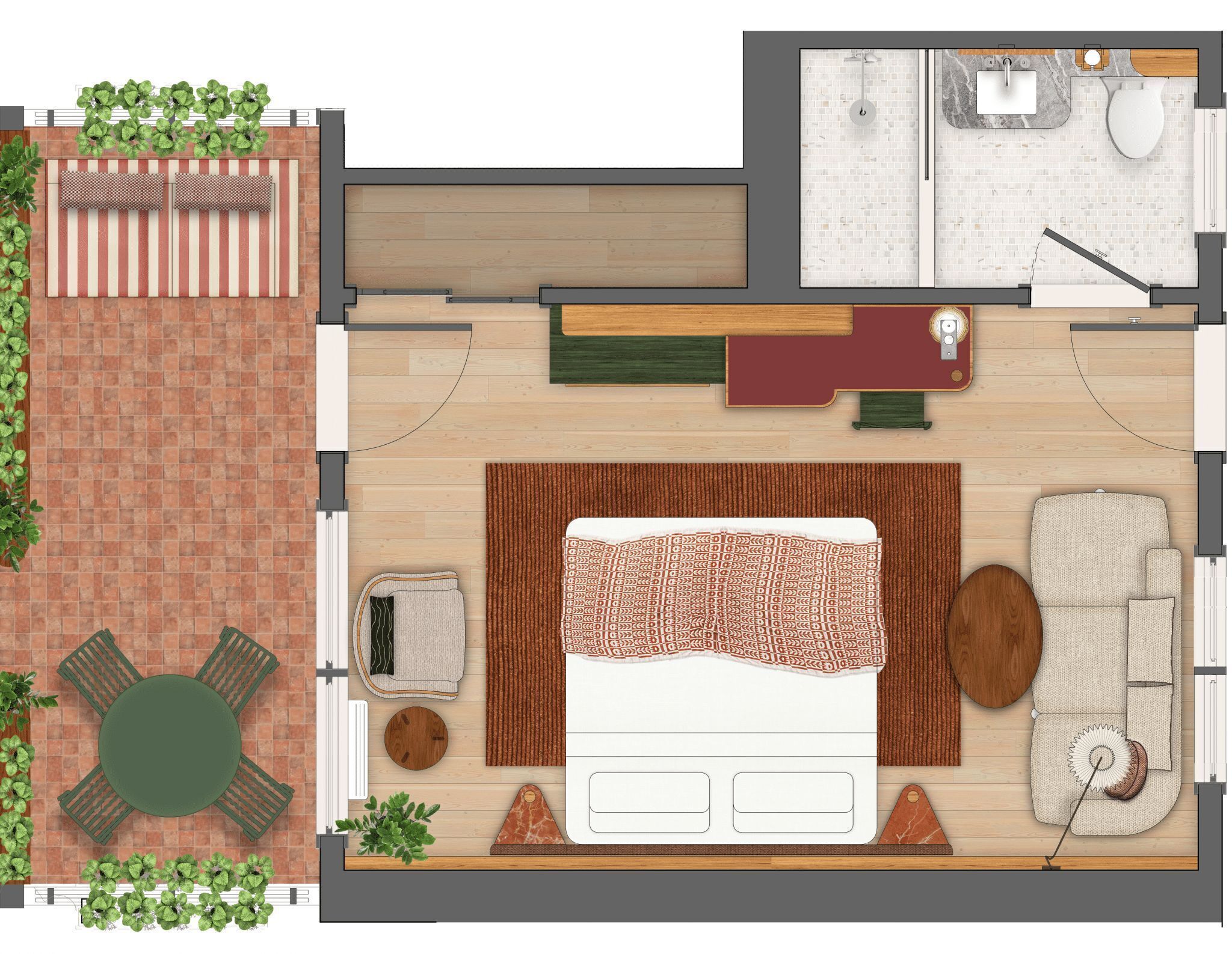 A floor plan of a hotel room with a bed, a sofa, a small table, a chair, a bathroom, and a dining area.