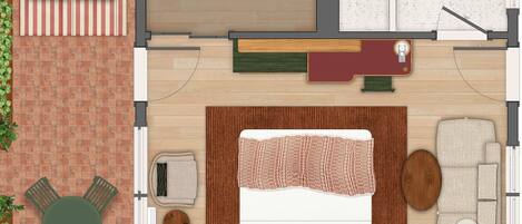 Plano de un cuarto de hotel que muestra una cama, un sofá, una mesita, una silla, un baño y un comedor.