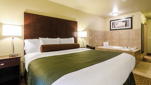 Ein Hotelzimmer mit einem großen Bett, einem Nachttisch mit Lampe, einem Badezimmer mit Badewanne und einem gerahmten Bild an der Wand.