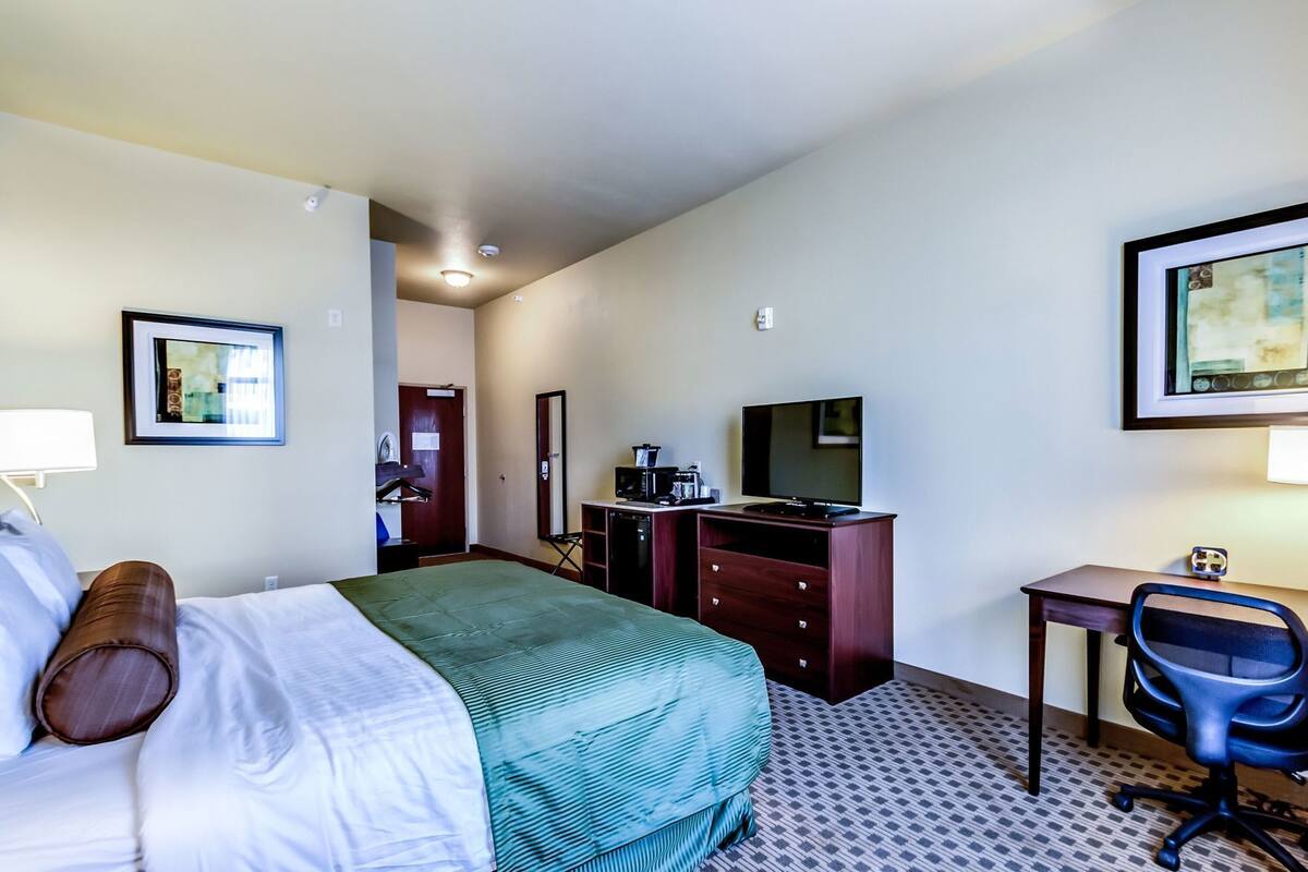 A hotel room with a bed, a desk, a chair, a television, and a mirror.