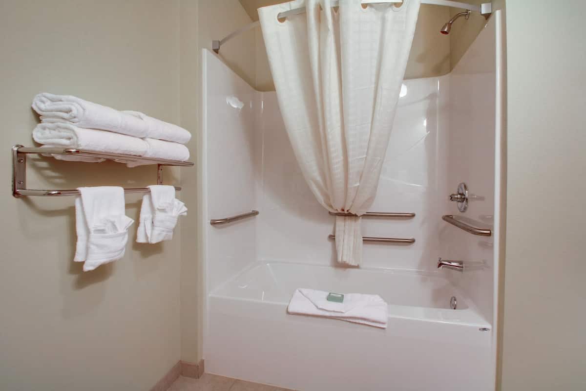 room, 1 king bed, accessible, non smoking | bathroom | hair dryer, towels