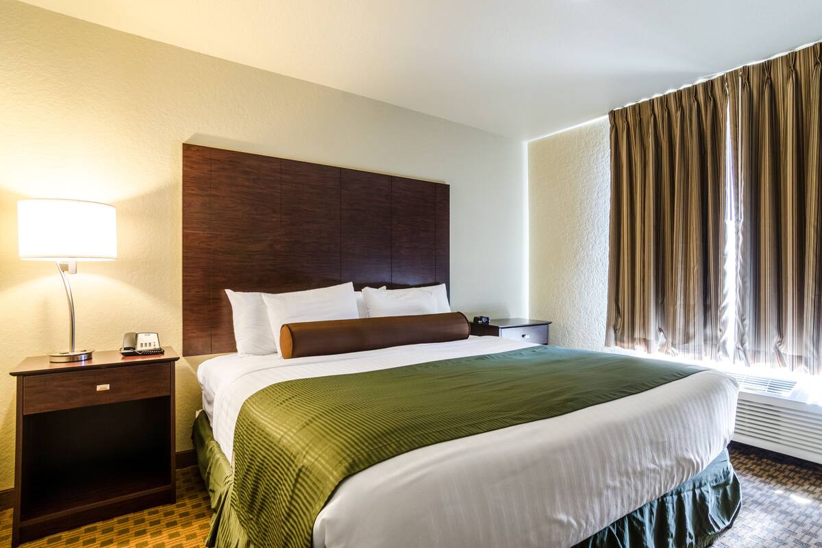 A hotel room with a large bed, a nightstand with a lamp, and a window with curtains.