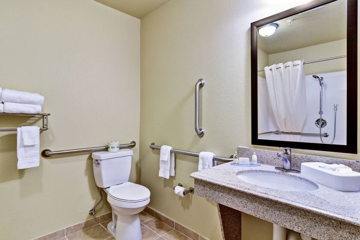 A bathroom with a toilet, grab bars, a sink, and a mirror.