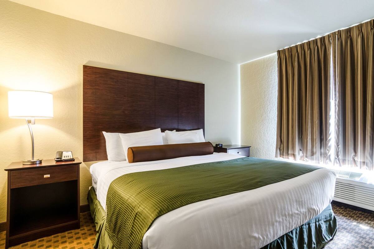 A hotel room with a large bed, a nightstand with a lamp, a telephone, and a window with curtains.