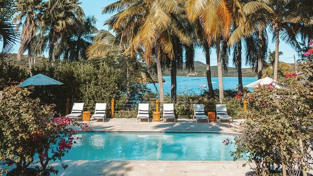 A pool area with lounge chairs, palm trees, and a view of the sea.