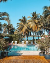 Una piscina al aire libre, sillones reclinables de piscina