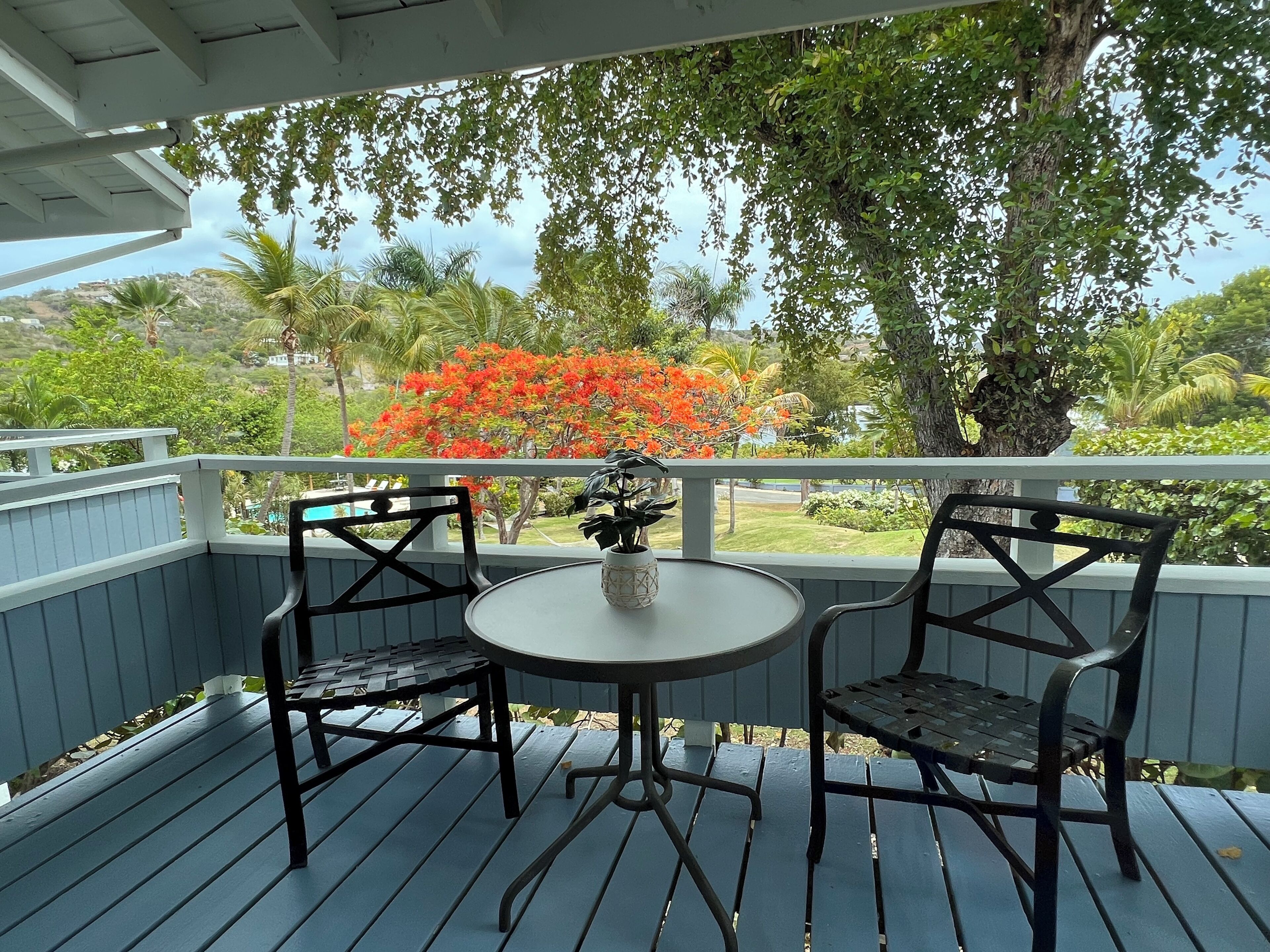 A covered outdoor seating area with two chairs and a table, overlooking a garden with a prominent red flowering tree.