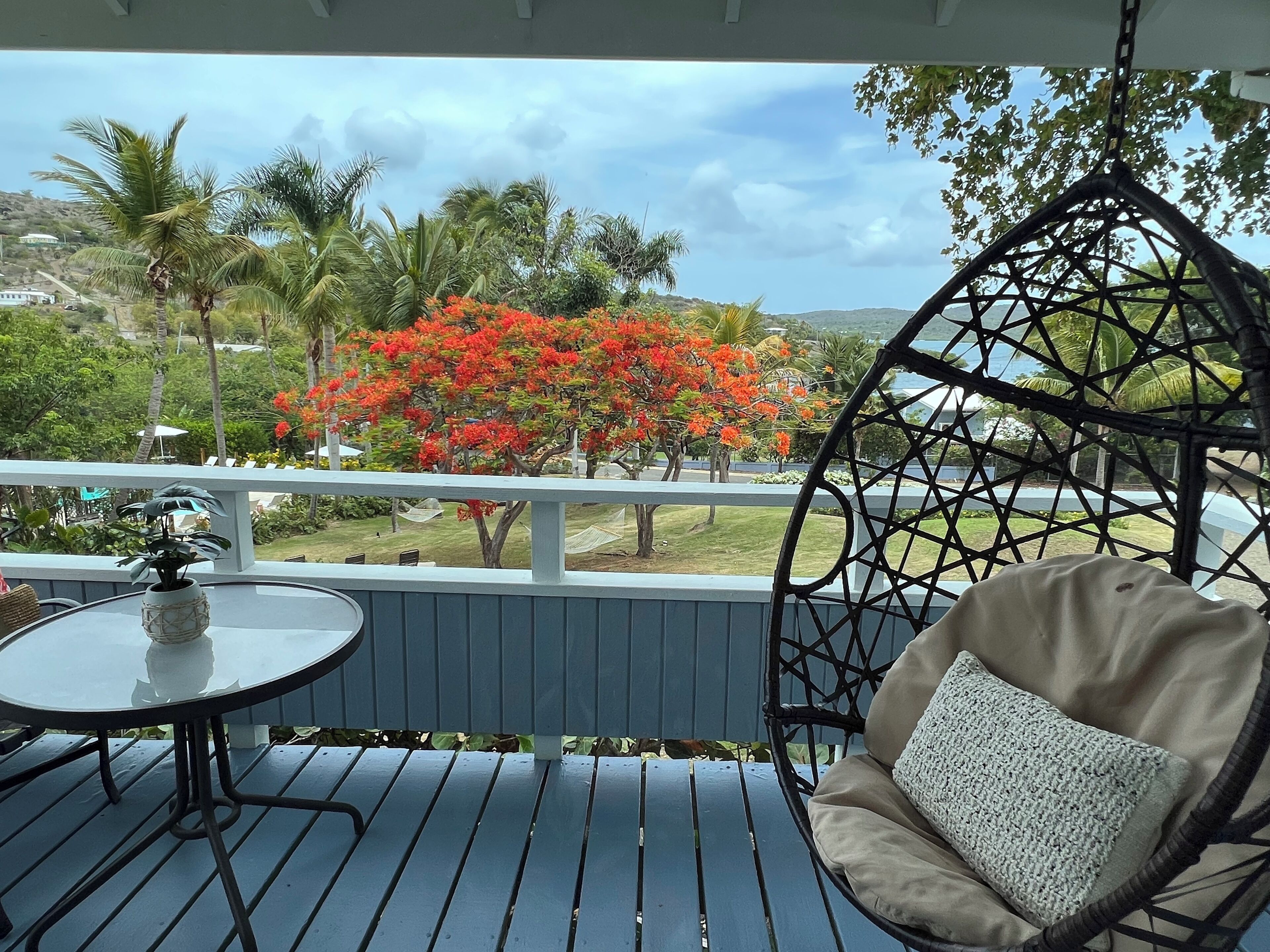 A porch with a hanging chair and a table, overlooking a garden with red flowering trees and a view of the sea.