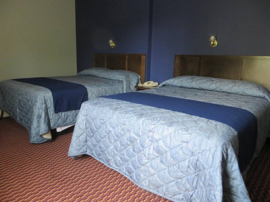Two single beds with blue headboards and footboards, a red carpet, and a wall-mounted telephone.