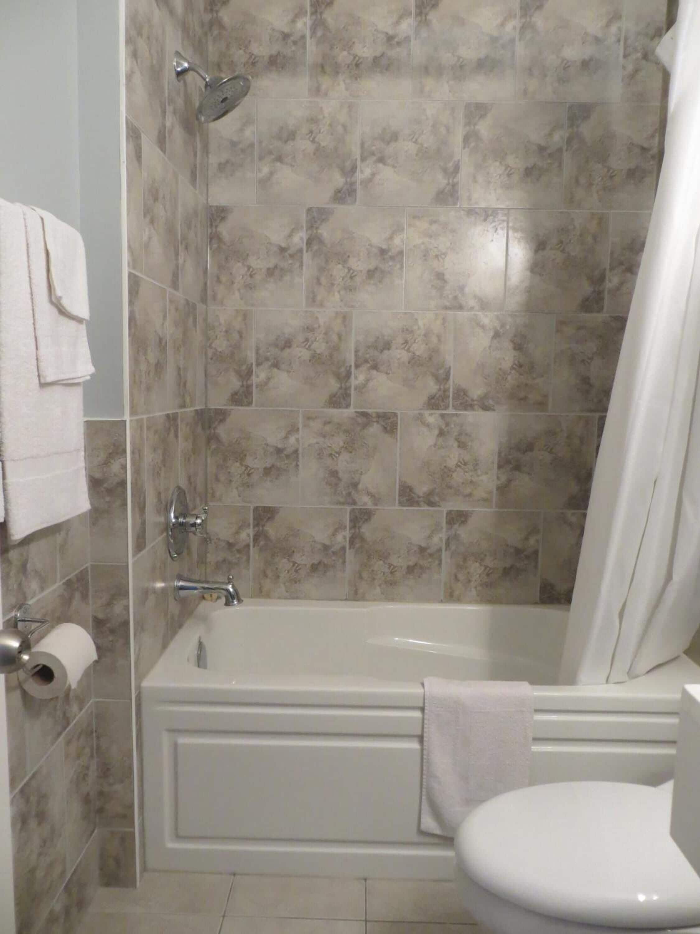 Une salle de bain avec une baignoire, des toilettes et une douche.