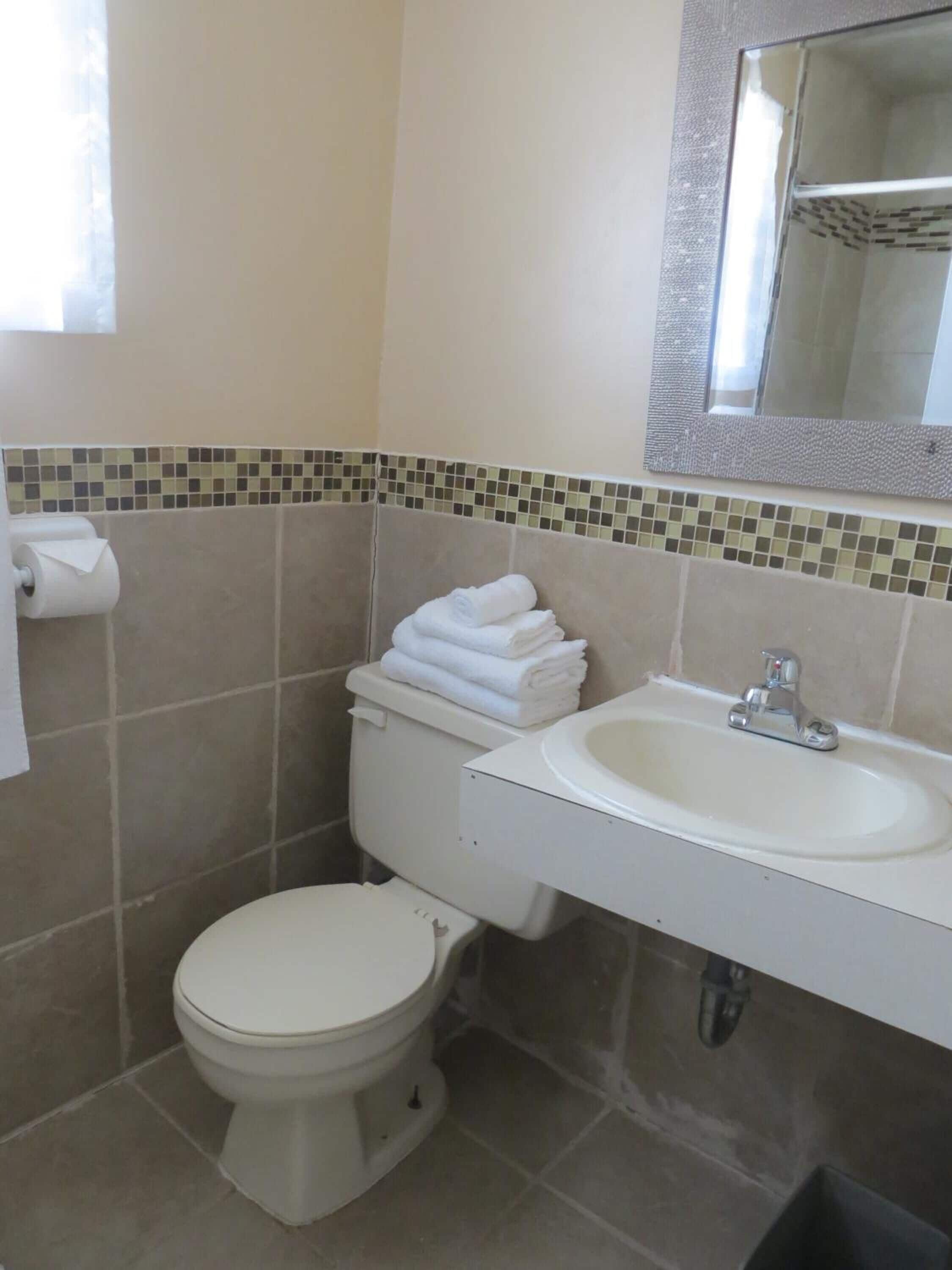 A bathroom with a toilet, sink, and a mirror above the sink.