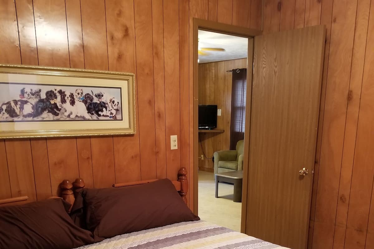 A wooden-paneled room with a bed, a framed picture, a television, and a door leading to another room.