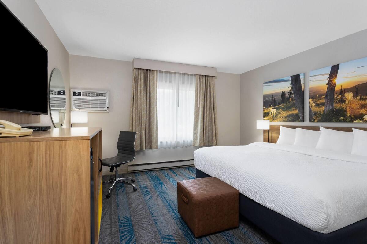 A hotel room with a bed, a desk, a chair, a television, an air conditioning unit, and a window with curtains.