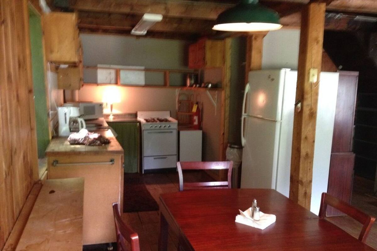 A rustic kitchen with wooden beams, a wooden dining table, and basic appliances.