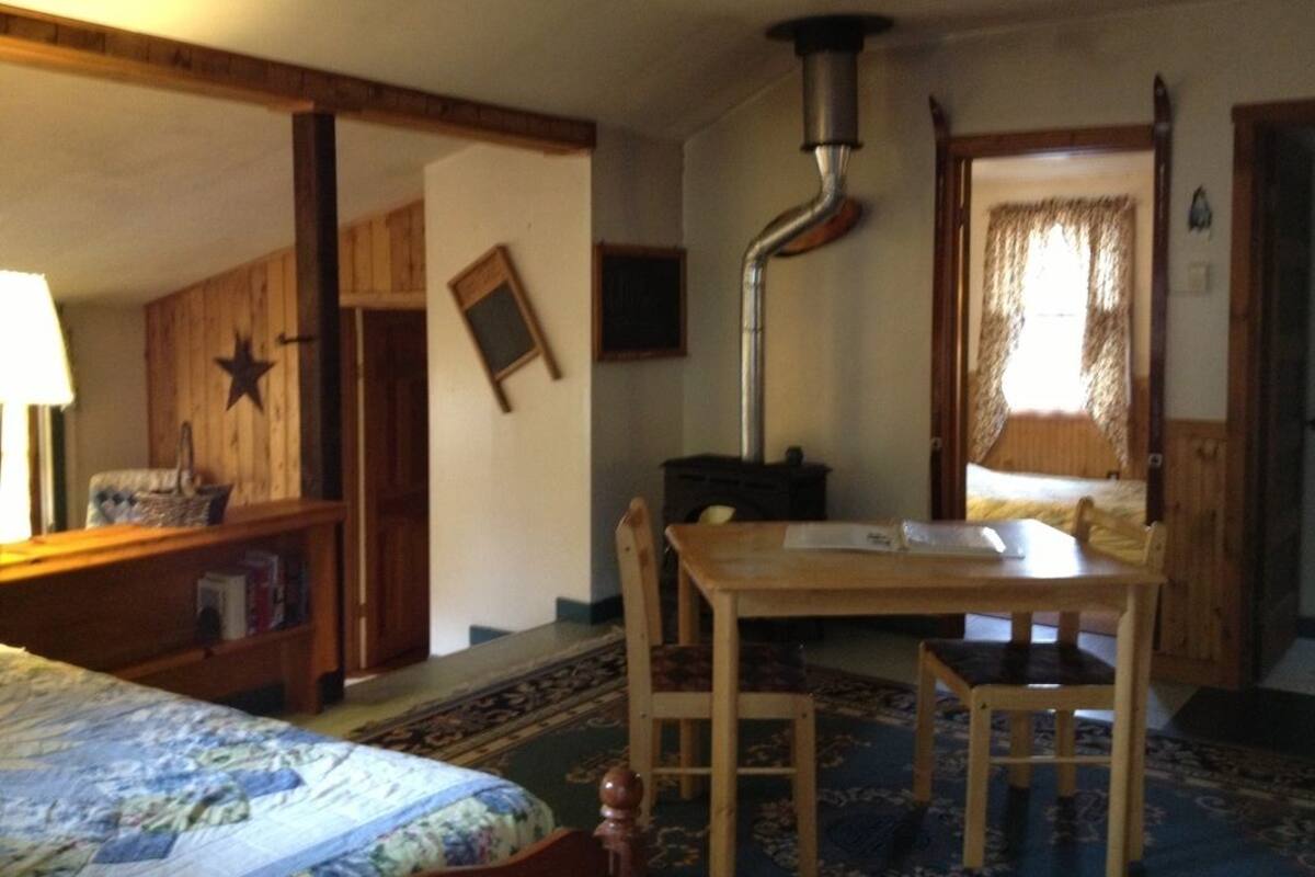 A room with a bed, a wooden table with chairs, a ceiling vent, and a window with curtains.