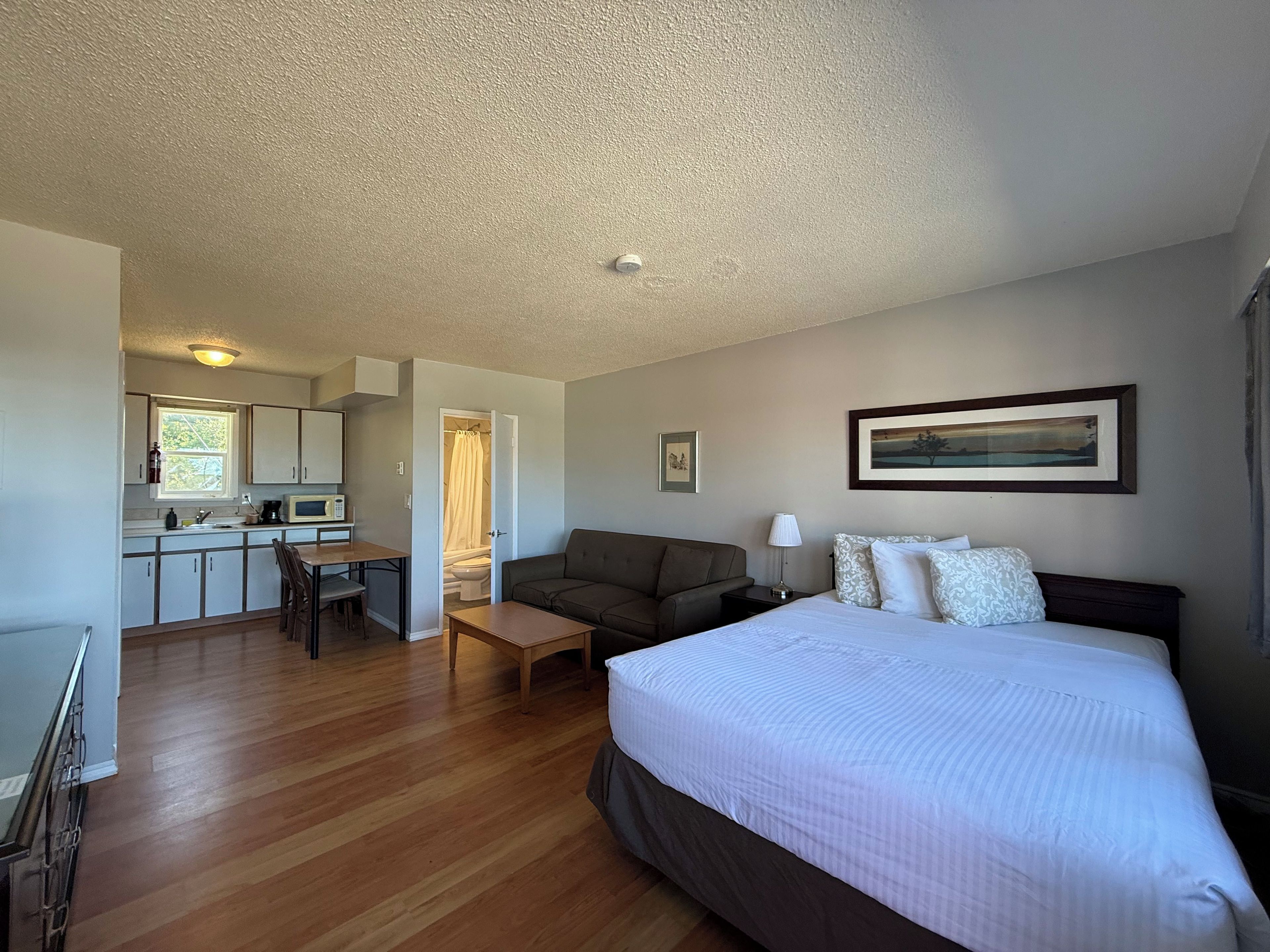 A bedroom with a bed, a sofa, a desk, and a kitchenette.