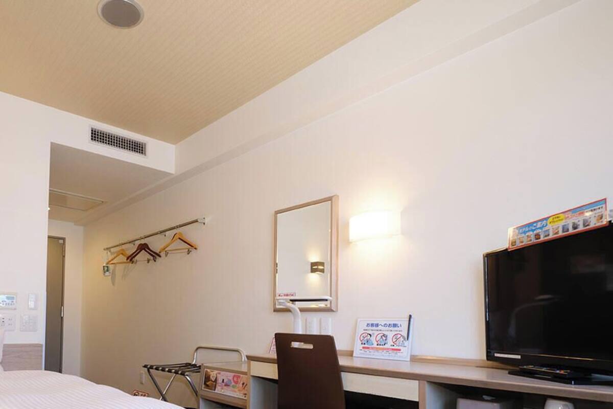 A hotel room with a bed, a desk with a television, a mirror, and a clothes drying rack.