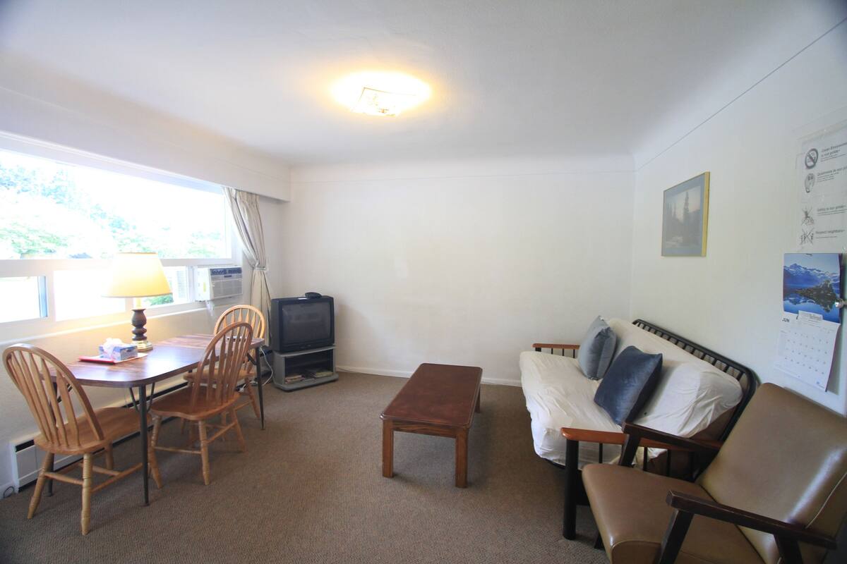 A room with a dining table, chairs, a sofa, a television, and a window with curtains.