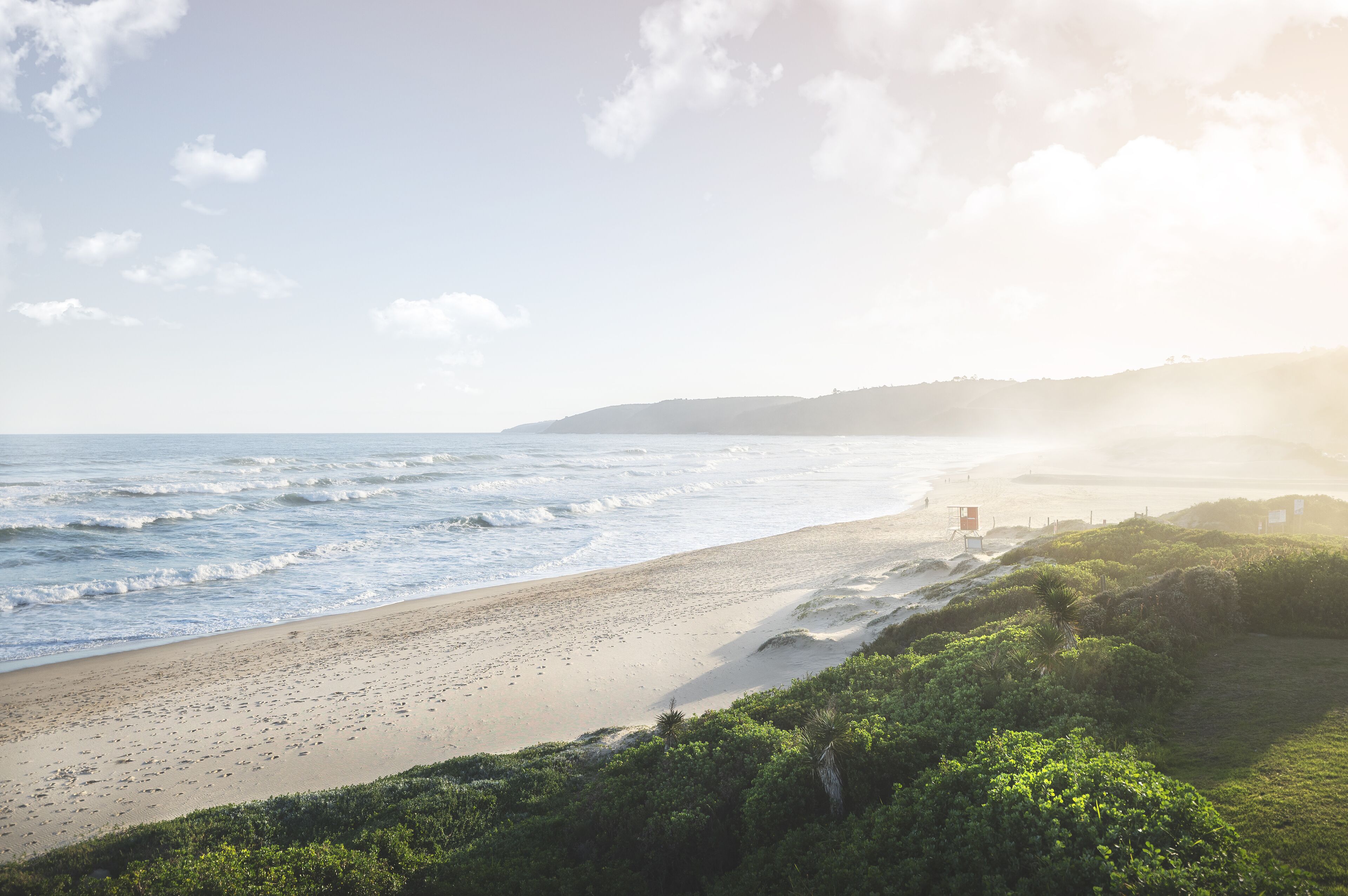 A beach with waves, a lifeguard tower, and greenery.