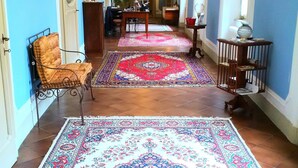 A hallway with a large ornate rug, a chair, a table with a lamp, and framed pictures on the walls. - Antica Dimora B&B in Historic Residence (Bergamo)